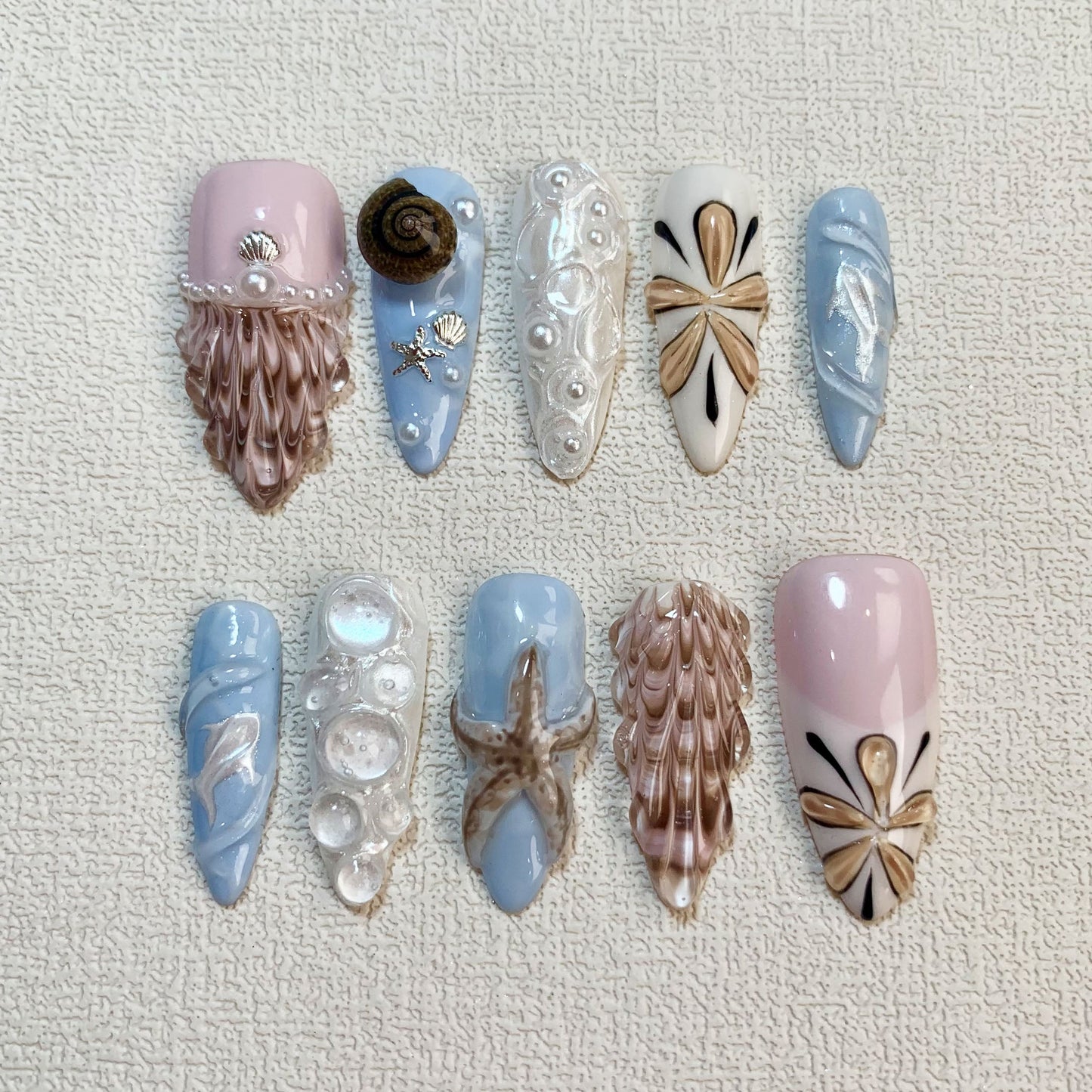 Pink Blue Sea Press On Nails, Starfish Snails Shells Spring Summer Sea Vacation Press On Nails