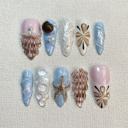 Pink Blue Sea Press On Nails, Starfish Snails Shells Spring Summer Sea Vacation Press On Nails