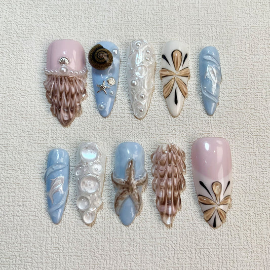 Pink Blue Sea Press On Nails, Starfish Snails Shells Spring Summer Sea Vacation Press On Nails