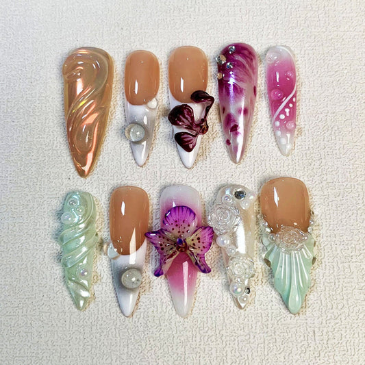 Orchids Press On Nails, Light Trending Flowers Press On Nails