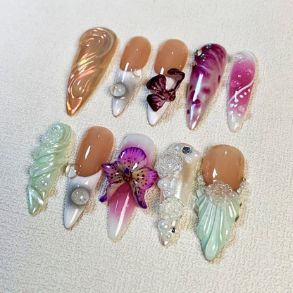 Orchids Press On Nails, Light Trending Flowers Press On Nails
