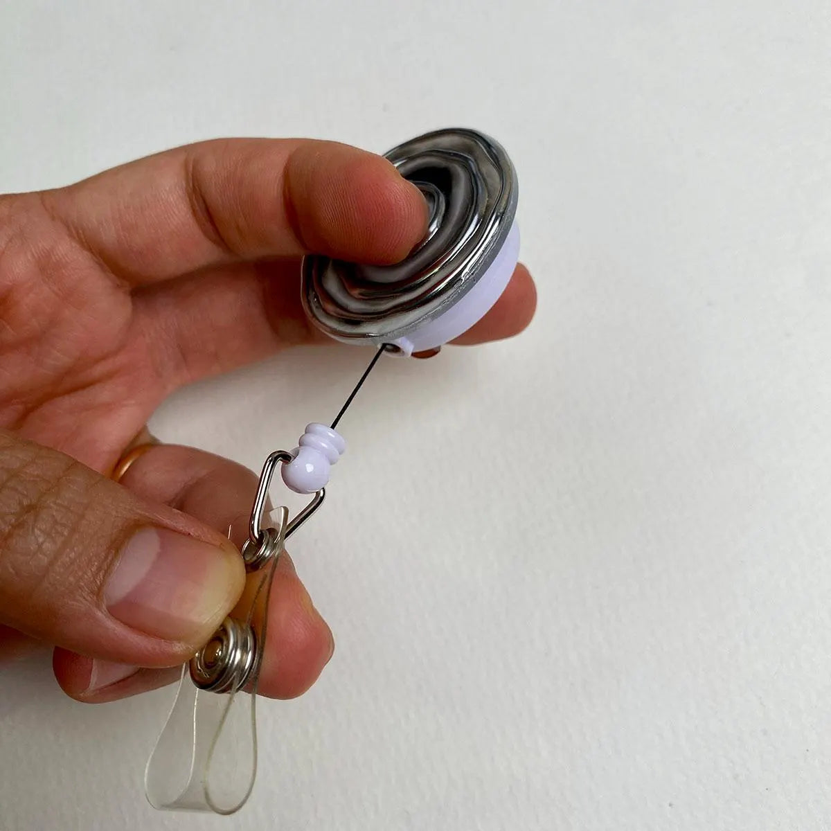 Silver Spiral Badge Reel – Handmade Chrome Swirl Retractable ID Holder – Cute Badge Holder for Nurses, Teachers & Office Staff