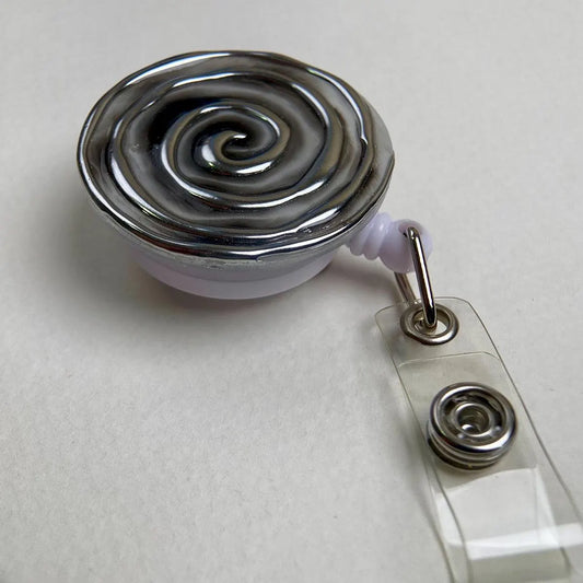 Silver Spiral Badge Reel – Handmade Chrome Swirl Retractable ID Holder – Cute Badge Holder for Nurses, Teachers & Office Staff