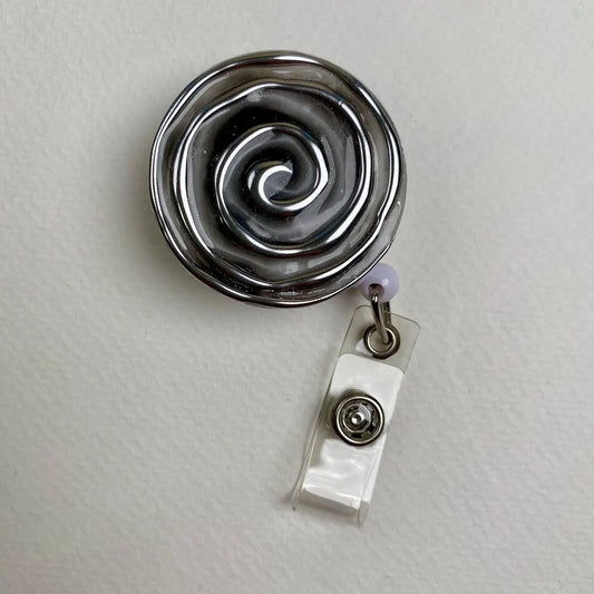 Silver Spiral Badge Reel – Handmade Chrome Swirl Retractable ID Holder – Cute Badge Holder for Nurses, Teachers & Office Staff