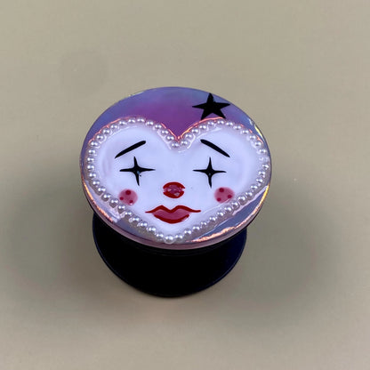 Cute Clown Heart Phone Grip – Handmade Resin Phone Grip Stand, Collapsible Phone Holder, Kawaii Clown Face, Pearl Heart, Pink Aesthetic Gift