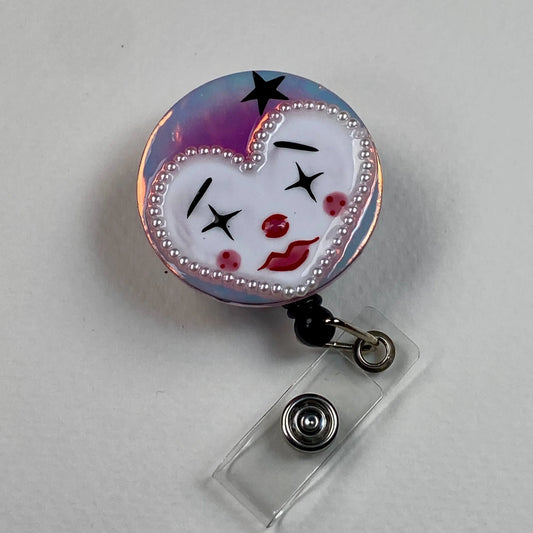 Cute Clown Badge Reel – Handmade Harlequin Retractable ID Holder, Whimsical Pearl Badge Reel for Nurses & Teachers