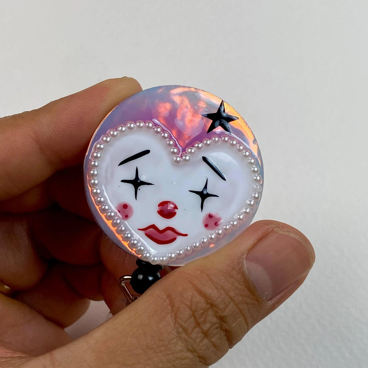 Cute Clown Badge Reel – Handmade Harlequin Retractable ID Holder, Whimsical Pearl Badge Reel for Nurses & Teachers