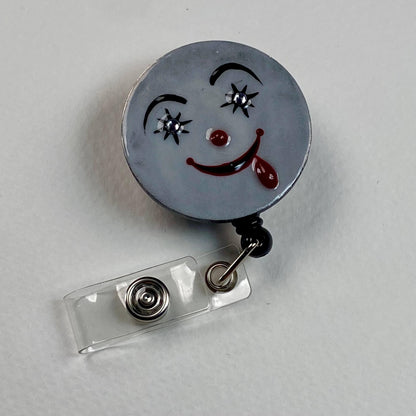 Creepy Smile Badge Reel – Handmade Horror Face Retractable ID Holder, Spooky Cute Badge Reel for Nurses & Teachers