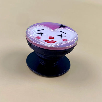 Cute Clown Heart Phone Grip – Handmade Resin Phone Grip Stand, Collapsible Phone Holder, Kawaii Clown Face, Pearl Heart, Pink Aesthetic Gift