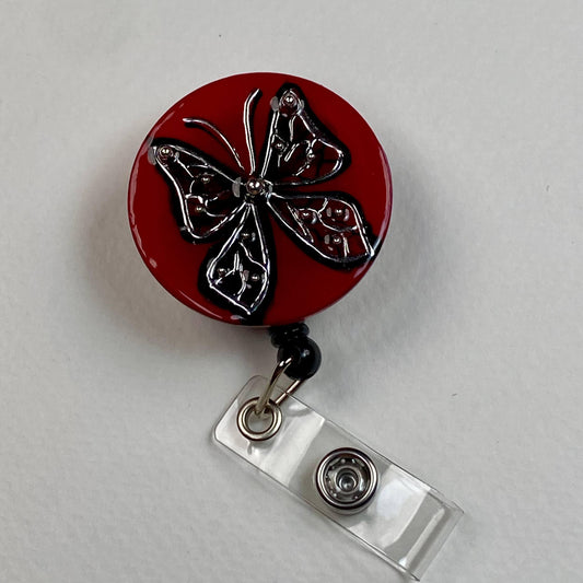 Red Butterfly Badge Reel – Handmade Gothic Retractable ID Holder, Dark Red Resin Badge Reel for Nurses, Teachers & Office Staff