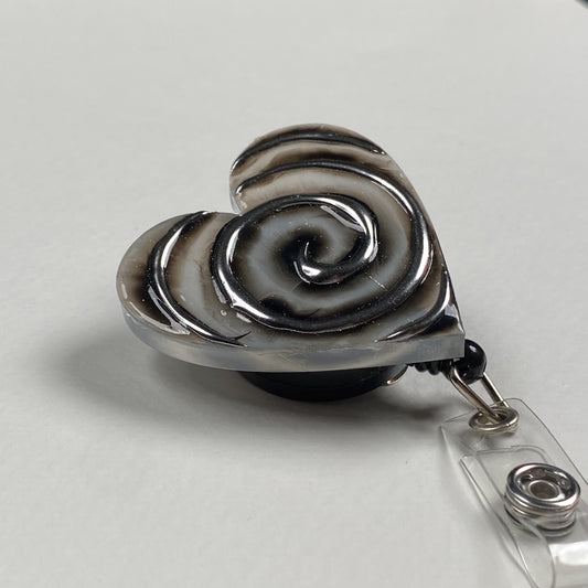 Gothic Heart Badge Reel – Handmade Black Heart Swirl Retractable ID Badge Holder, Alternative Resin Nurse Badge Reel