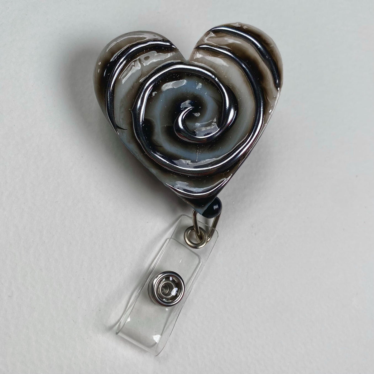 Gothic Heart Badge Reel – Handmade Black Heart Swirl Retractable ID Badge Holder, Alternative Resin Nurse Badge Reel