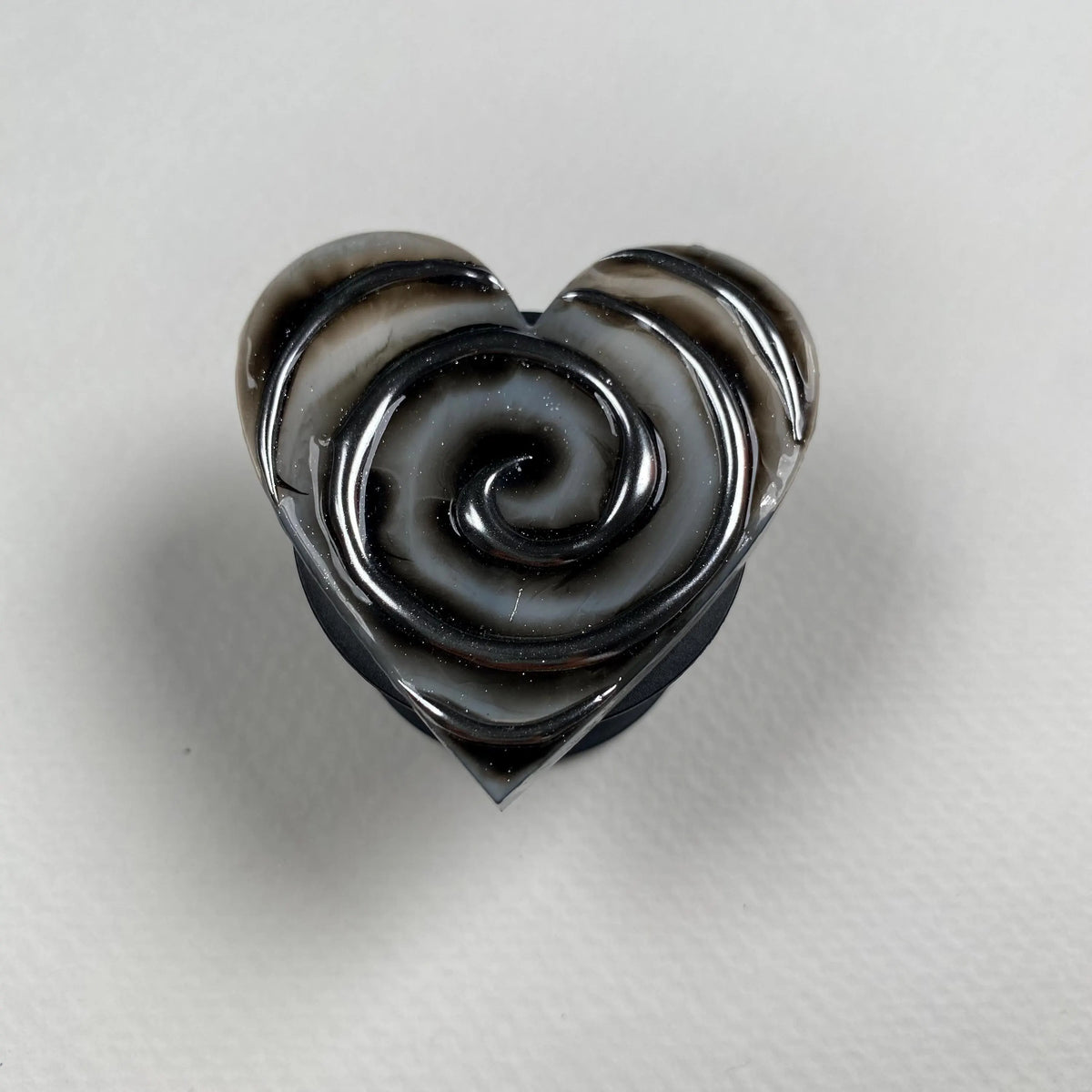 Black Smoke Spiral Heart Phone Grip | Handmade Resin Phone Stand Holder, Gothic Black & Silver Swirl, Alternative Aesthetic Gift