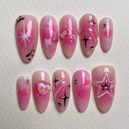 Stargirl Blush Pink Heart Star Press-On Nails, Chrome Sparkle Cute Fake Nails