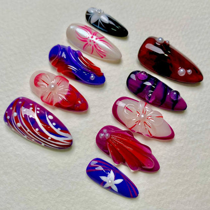 Electric Petal Shock Pop Art Press-On Nails, Red & Blue 3D Flower Fake Nails