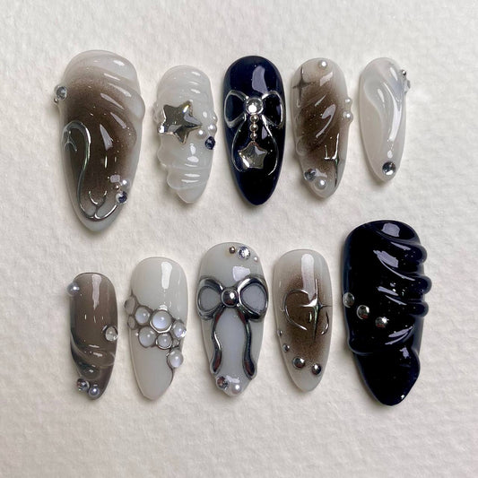Moonshadow Starry Grey Ribbon Press-On Nails, Black & Silver 3D Gothic Fake Nails